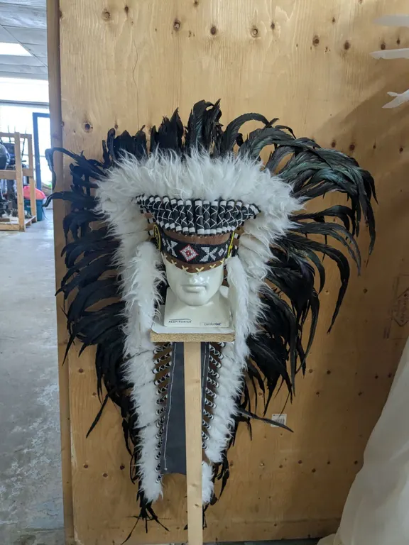 Black & White Beaded Feather Headdress, 53" L x 32" W