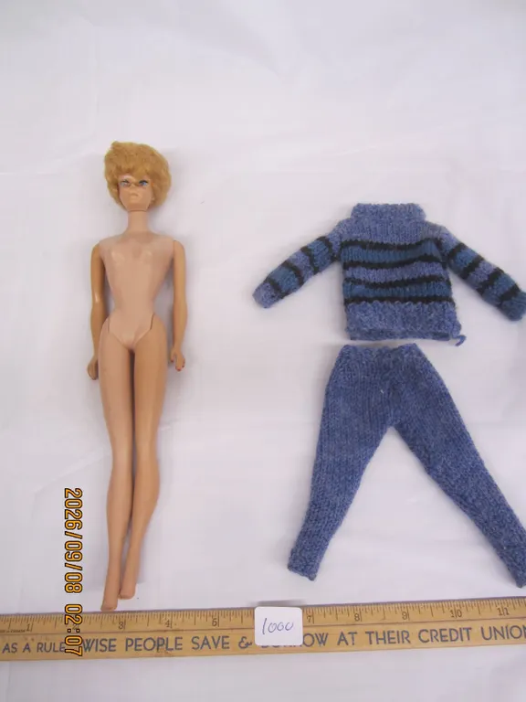 1000. Vintage 1960's Barbie Doll Bubble Cut Blonde Japan Mattel White Lips Dark Feet with Home Made