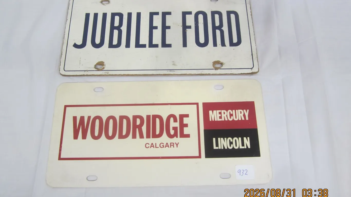 932. 2 Vintage New Car Front Plates Jubilee Ford and Woodridge Mercury Lincoln Calgary