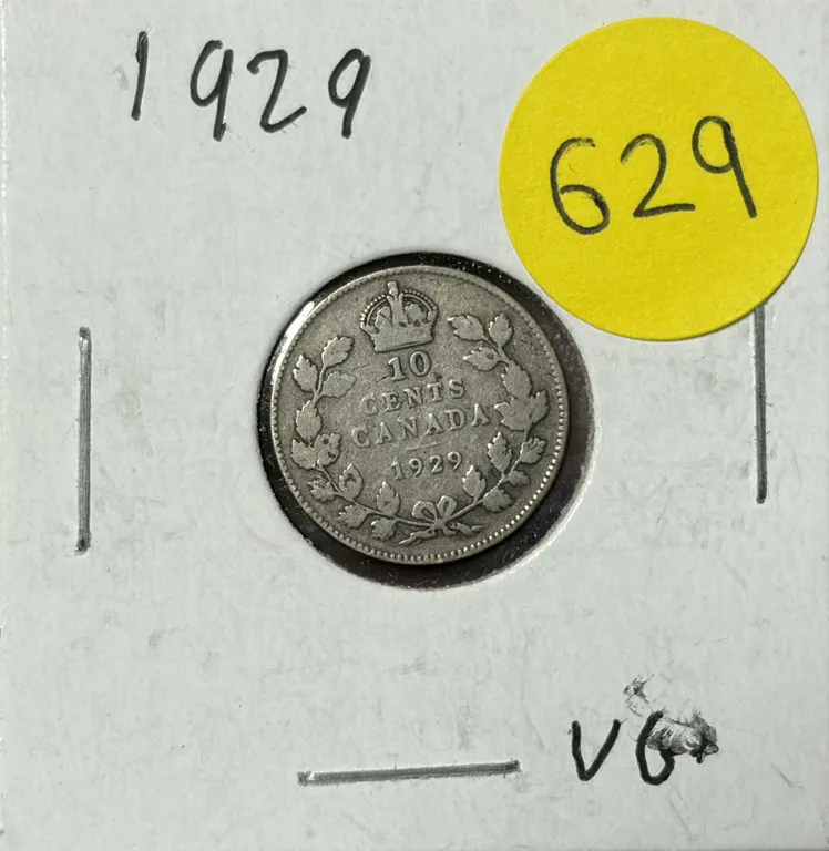 1929 Canada Silver 10 Cents.