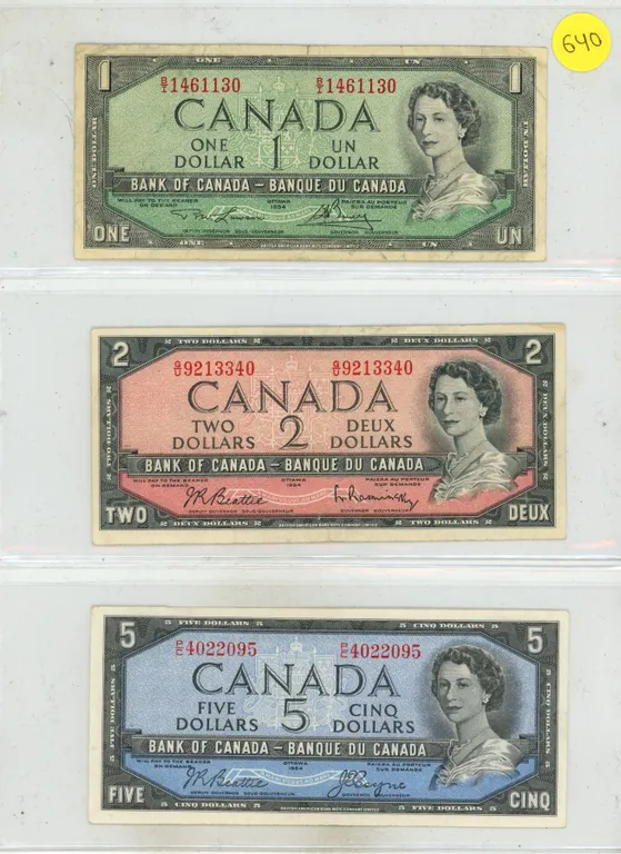 1954 Canada One, Two and Five Dollars.