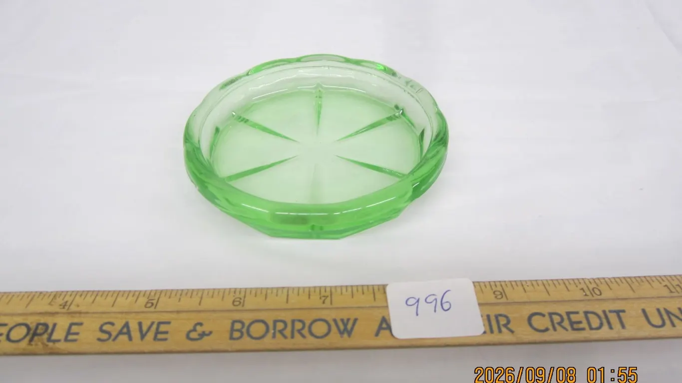 996. Antique Depression Uranium Green Glass Ash Tray Glows Green Under Light