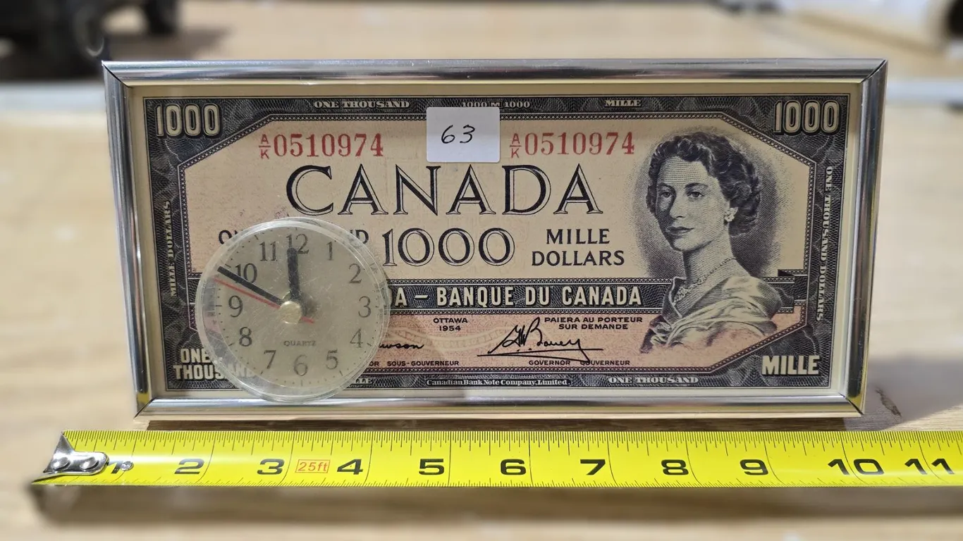 Rare Unique $1000 Bill Clock - Runs Great