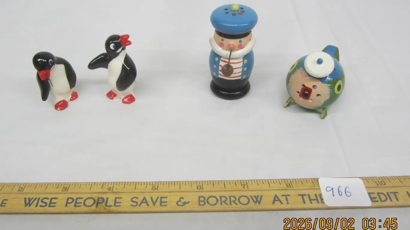 966. 1960'S 2 Penguin Figures and Wooden Salt and Peppers Sea Captain and Whale Hand Made