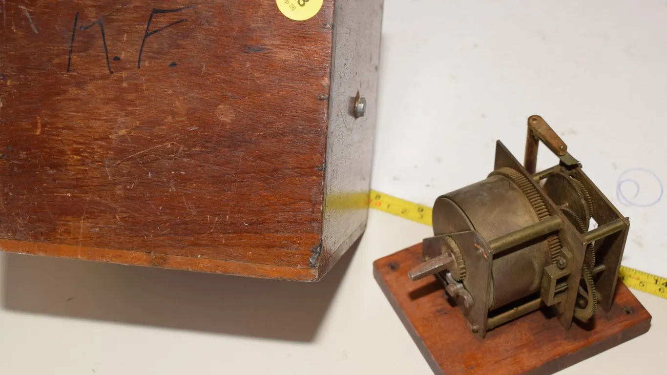 Vintage Clockwork Brass Mechanism in Fitted Wood Box for Unknown Insturment