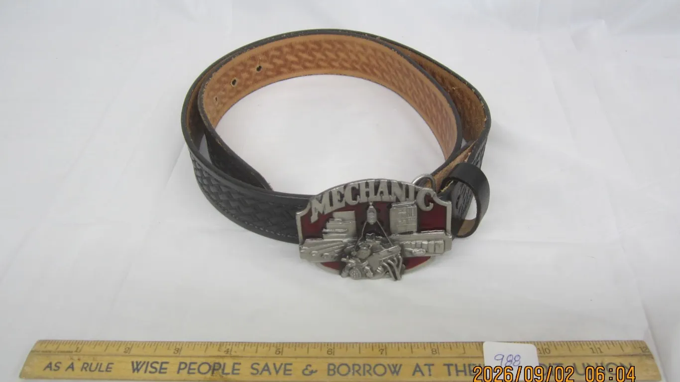 988. Almost New Leather Belt with a Quality Mechanic Belt Buckle