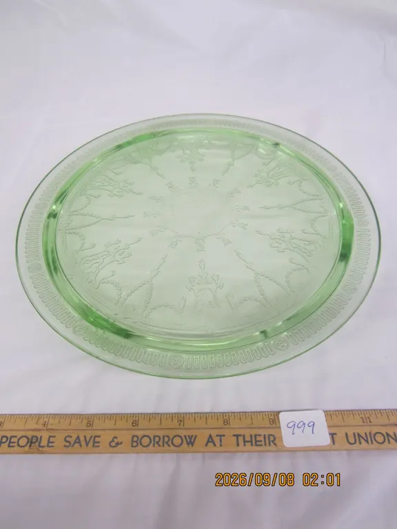 999. Uranium Glass Antique Depression Glass Cake Plate Glows Green Under Light