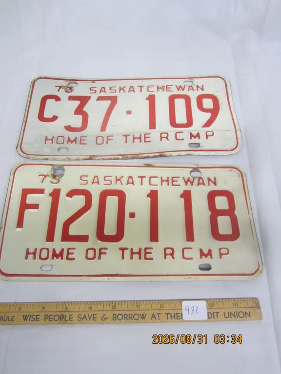 931. 2 Saskatchewan 1973 License Plates one is a C Plate the other a F Plate