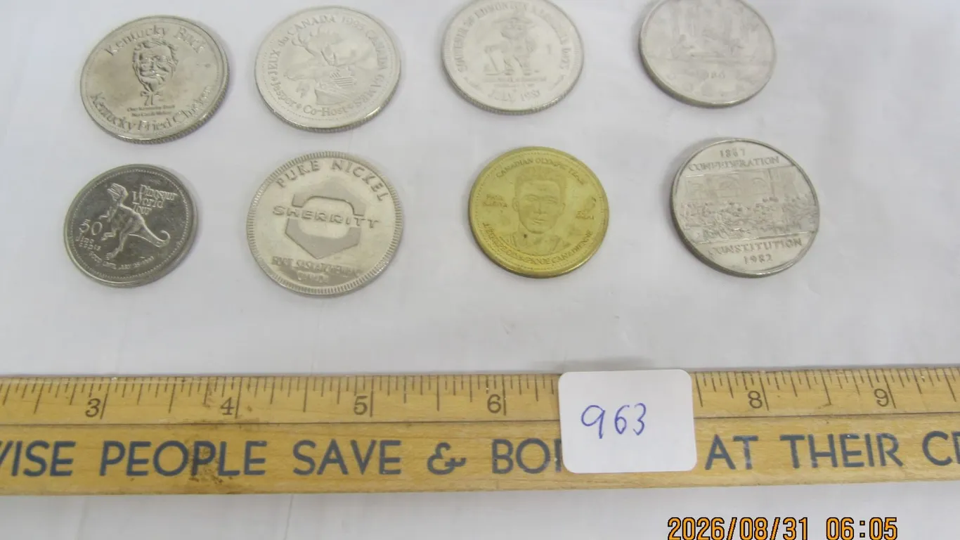 963. Lot of 6 Vintage Tokens and 2 Dollar Coins
