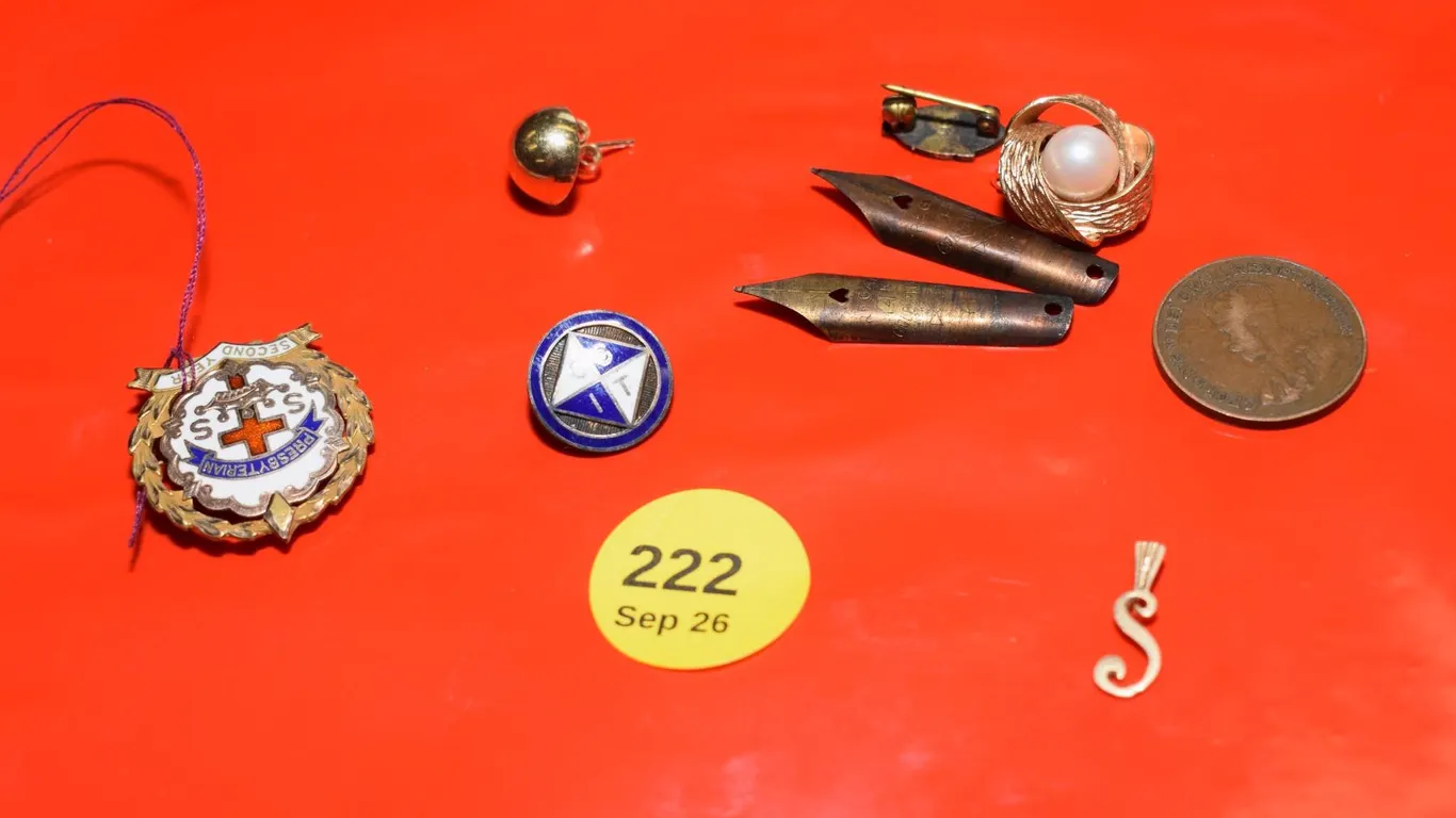 Gold Pendant, Old Penny, Old Pen Nibs, etc.
