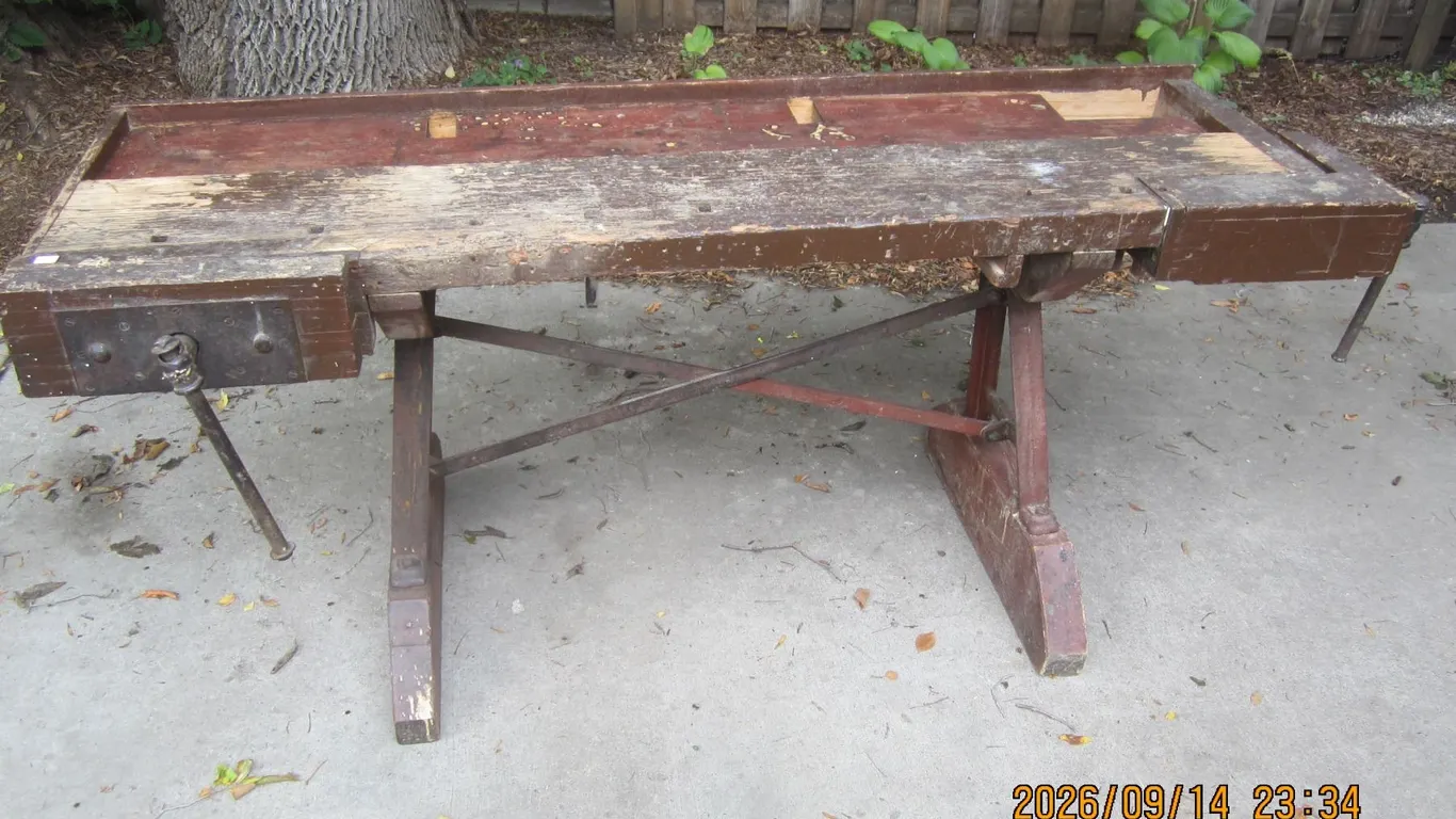 1107. Antique Pine Primitive Work Bench with a Cast Iron Base Rare Item Would Make a Great Kitchen I
