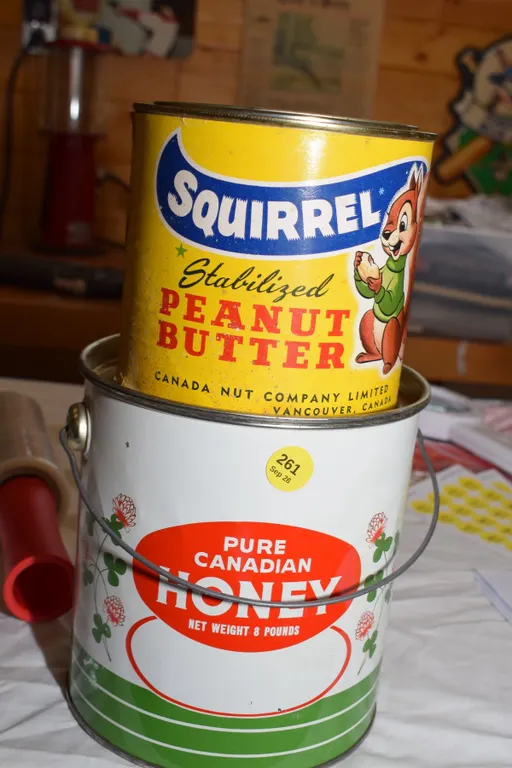 Squirrel Peanut Butter Tin, Canadian Honey Tin