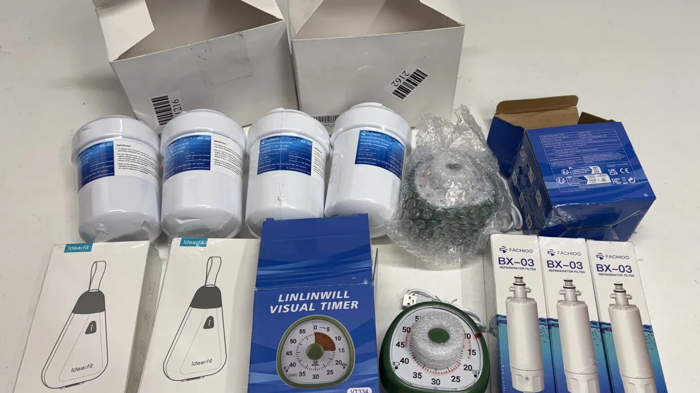 Collection of household items, including refrigerator water filters, portable pill boxes, visual cou