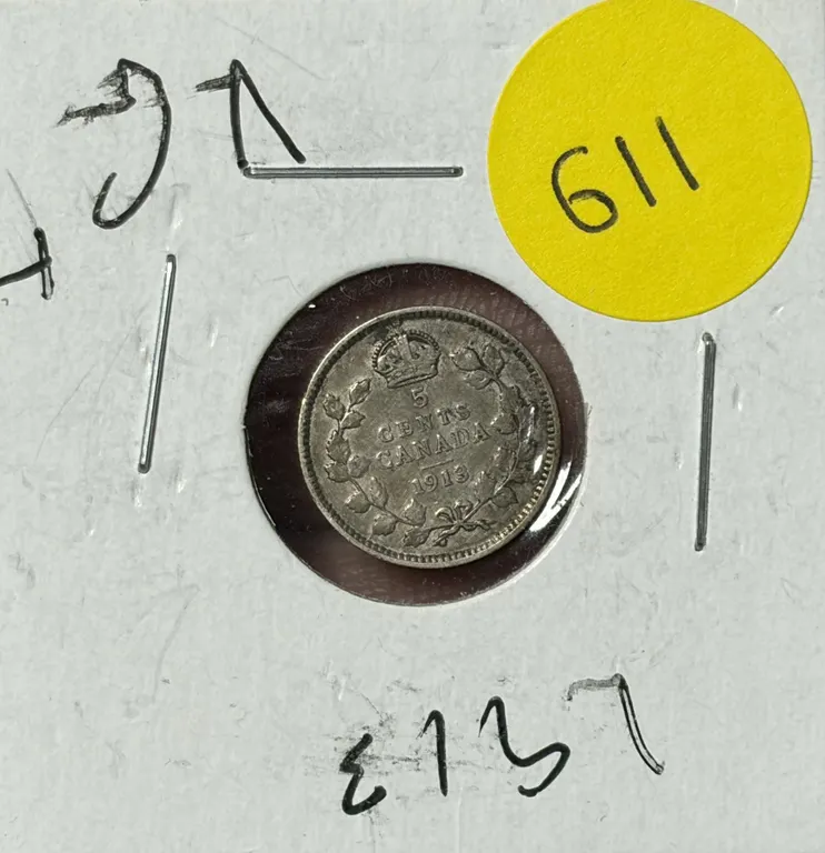 1913 Canada Silver 5 Cents.