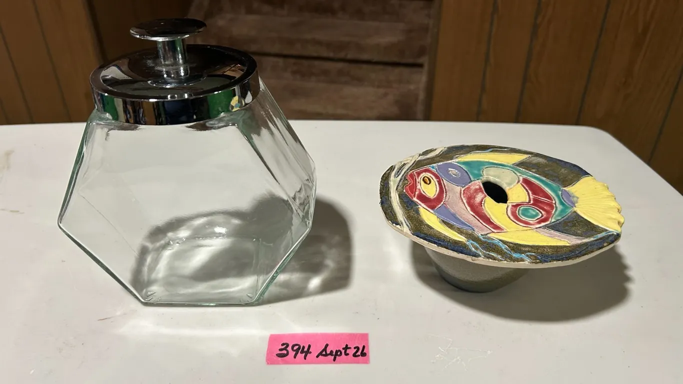 Clear candy dish and “fish” vase with flower arranger insert
