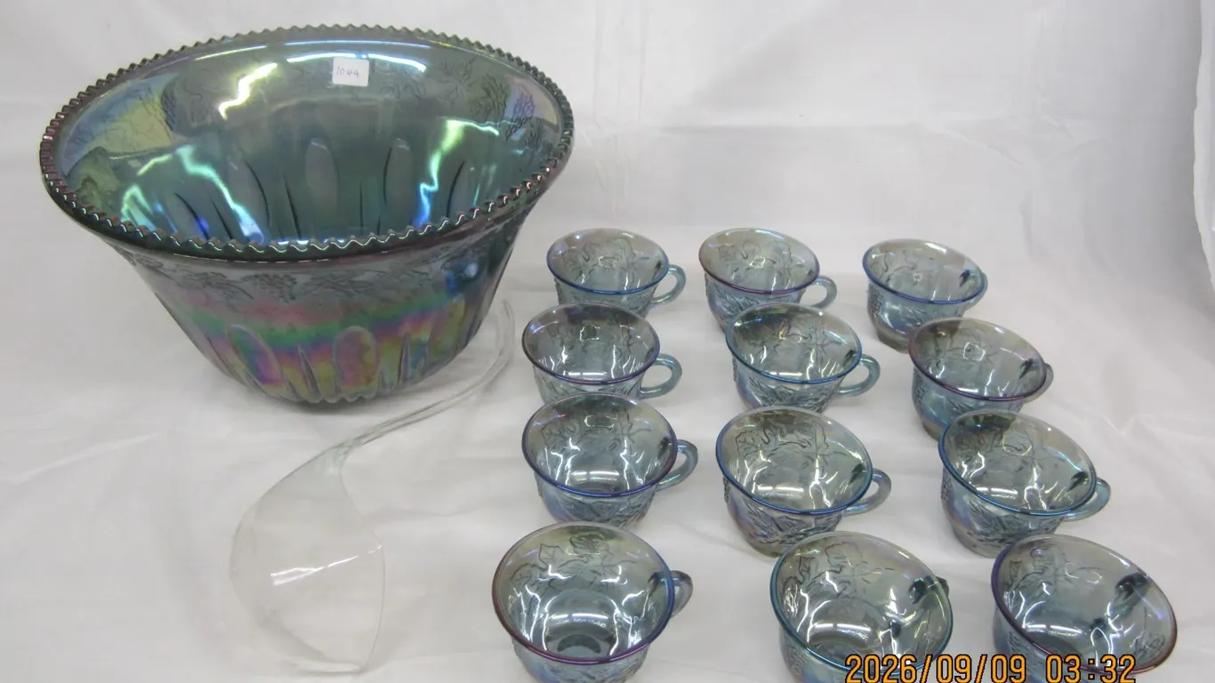 1044. Vintage Carnival Glass Punch Bowl with 12 Cups and Ladle