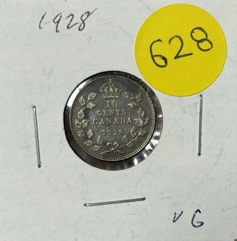 1928 Canada Silver 10 Cents.