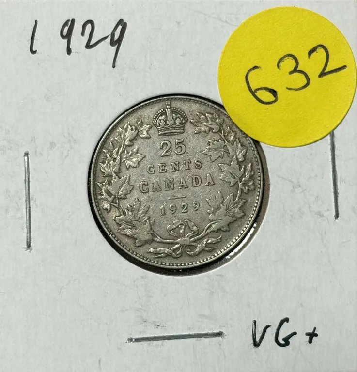 1929 Canada Silver 25 Cents.