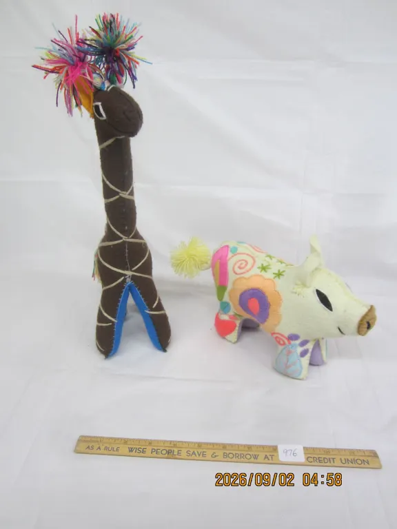 976. Vintage Mexican Folk Art Stuffed Animals Giraffe and Pig