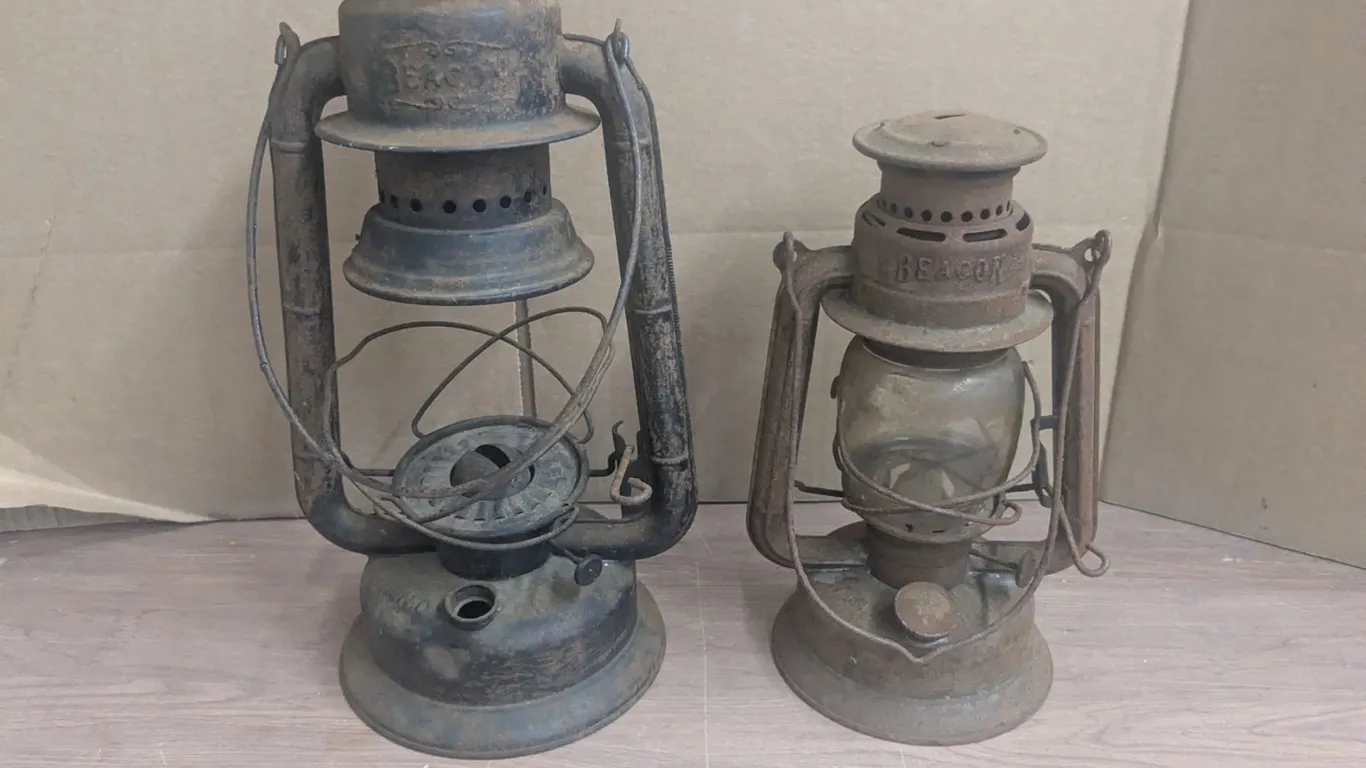 (2) Antique Beacon Lamps, one with cracked Globe