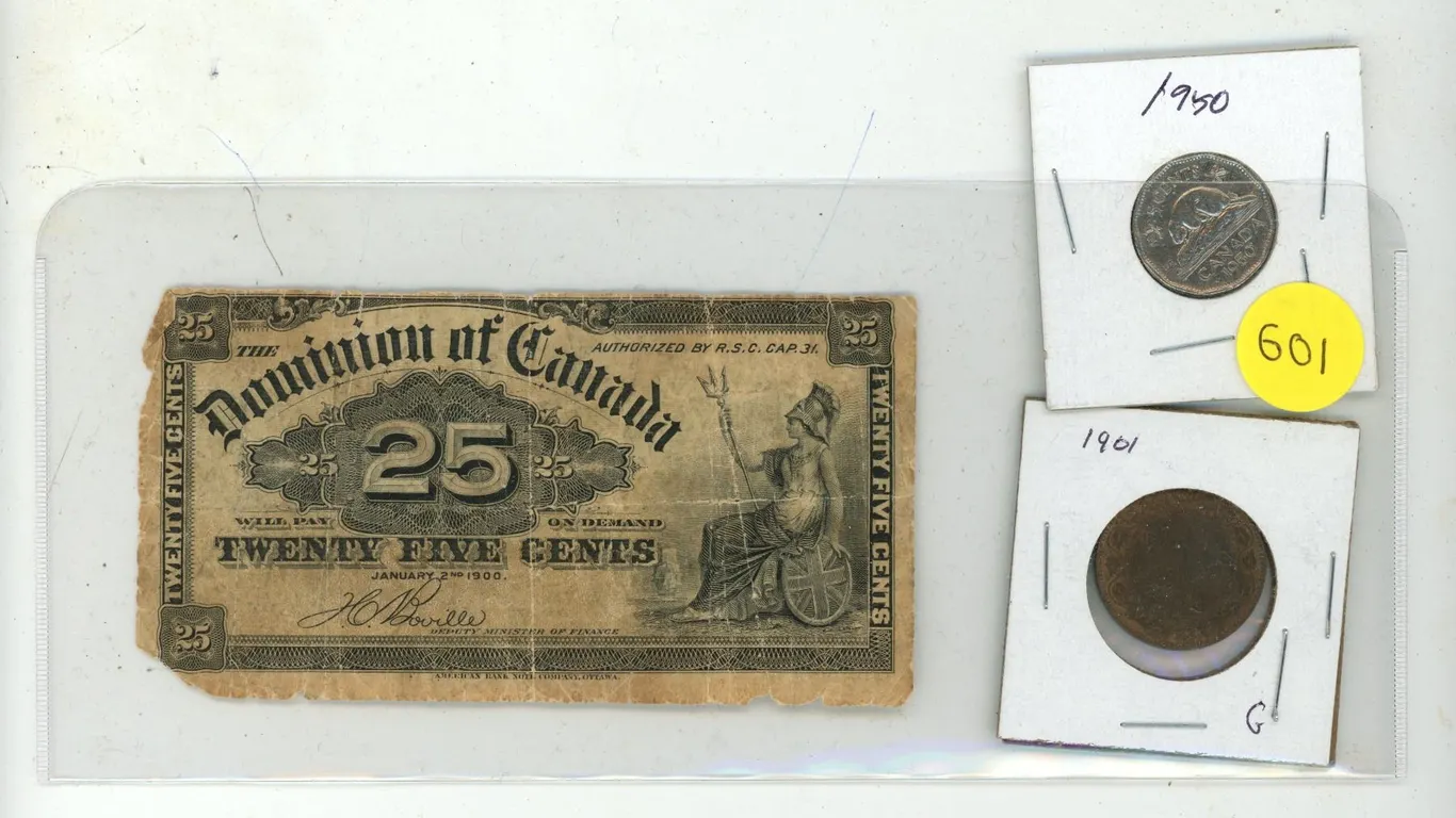 1900 Dominion of Canada 25 Cents Shinplaster, 1901 Canada Large One Cent and 1950 Canada 5 Cents.