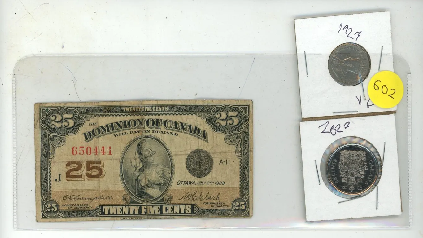 1923 Dominion of Canada 25 Cents Shinplaster, 2023 Canada 50 Cents and 1923 Canada 5 Cents.