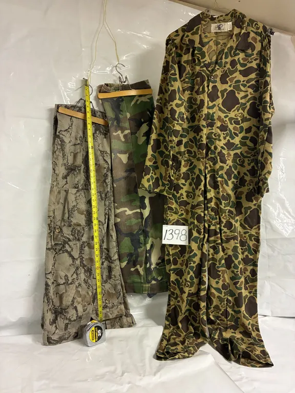 Camo Coveralls (Large), (2) Pair Camo Pants (40W & XXL)