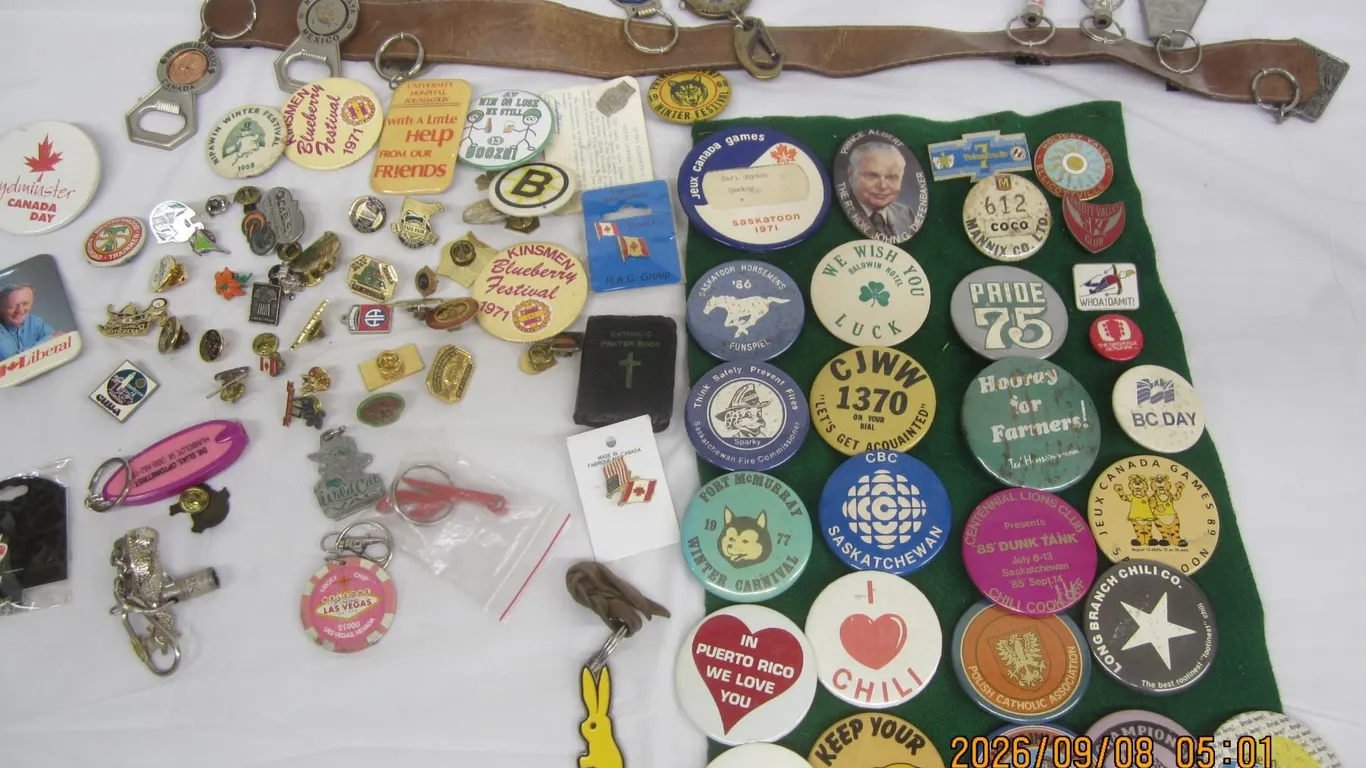 1043. Lot of Vintage Pins, Bottle Openers, John Diefenbaker Pin Back Button Etc.