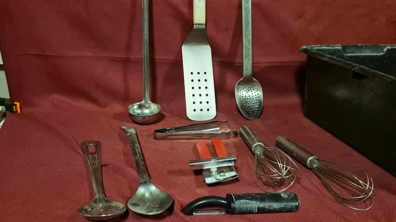 Assorted Kitchen Utensils with 7" Deep Bus Tub and Can Opener