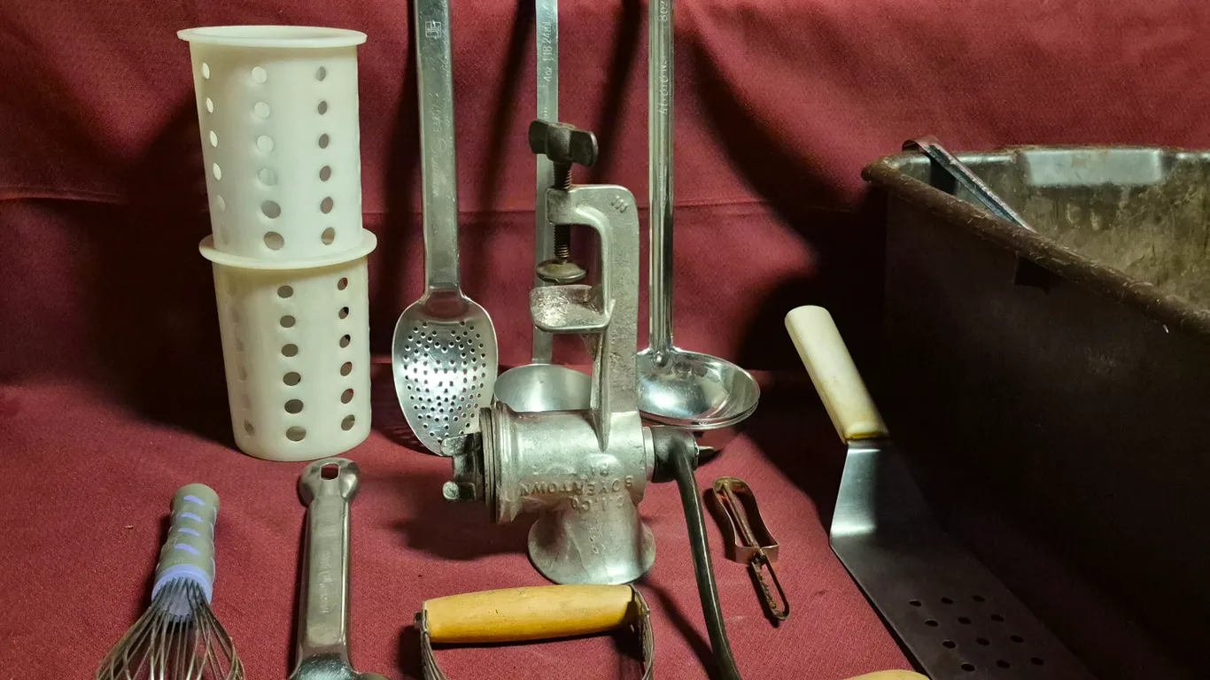 Assorted Kitchen Utensils with 7" Deep Bus Tub and Hand Crank Meat Grinder