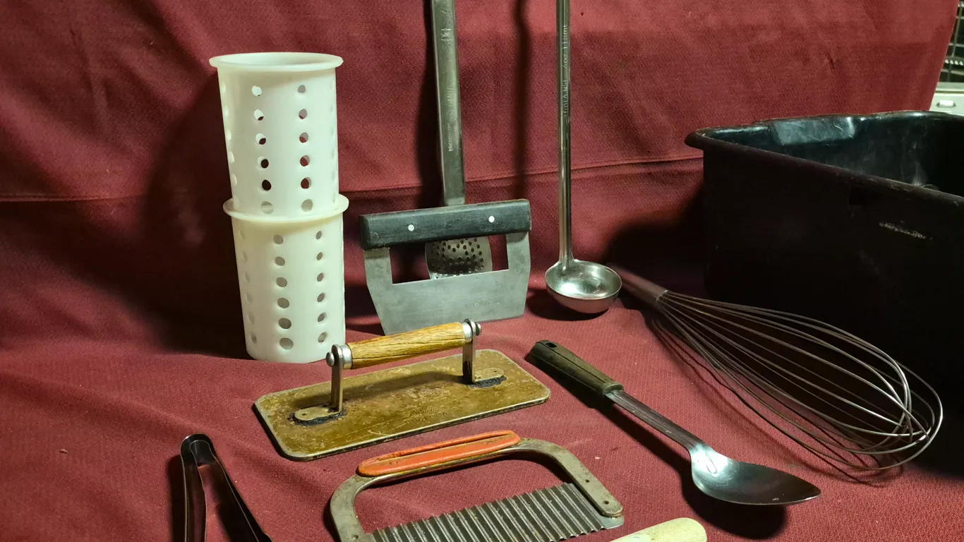 Assorted Kitchen Utensils with 7" Deep Bus Tub and Steak Weight