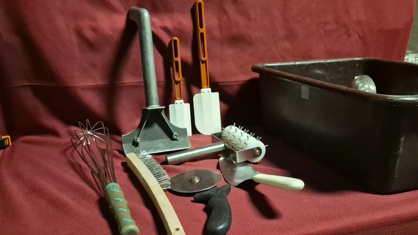 Assorted Kitchen Utensils with 7" Deep Bus Tub and Grill Scraper