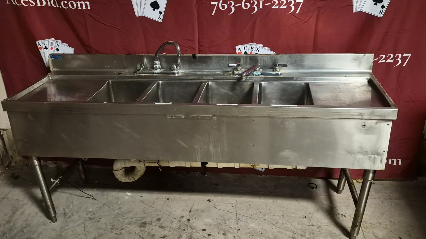 Custom Stainless Steel 4 Compartment Back Bar Sink with 2 Faucets- NSF Approved