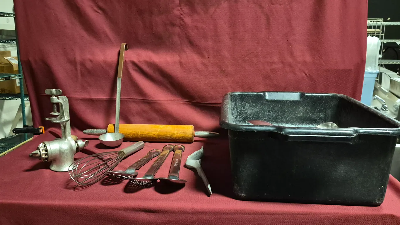 Assorted Kitchen Utensils with 7" Deep Bus Tub and Hand Crank Meat Grinder
