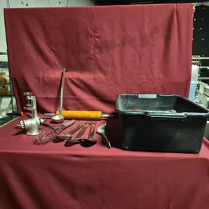 Assorted Kitchen Utensils with 7" Deep Bus Tub and Hand Crank Meat Grinder