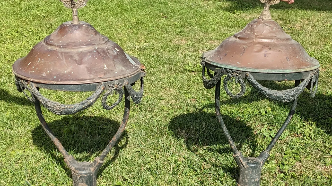 PAIR OF IMPRESSIVE BRASS PORCELAIN & IRON STREET LIGHTS