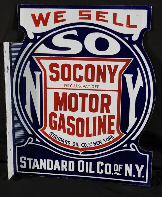 PORCELAIN FLANGE SIGN WE SELL SOCONY MOTOR GASOLINE STANDARD OIL CO OF NEW YORK NY