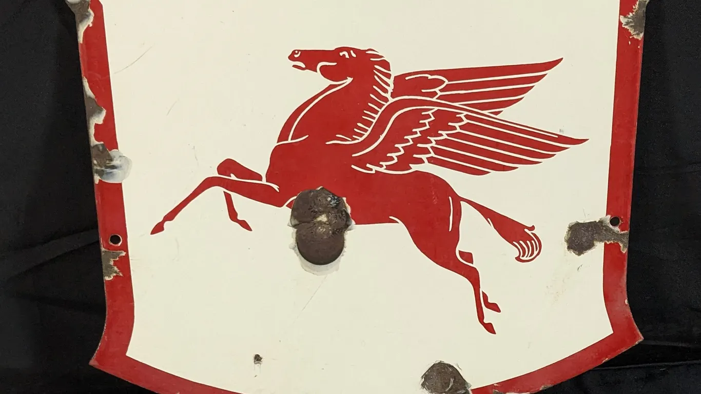 PORCLAIN SHIELD SIGN WADHAMS MOBIL PERFECT GASOLINE
