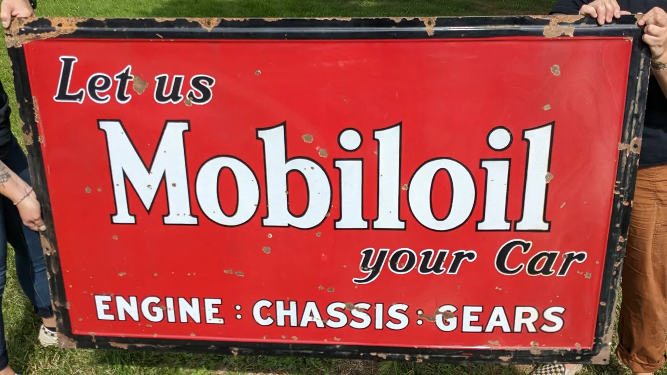 PORCELAIN SIGN LET US MOBILOIL YOUR CAR ENGINE CHASSIS GEARS