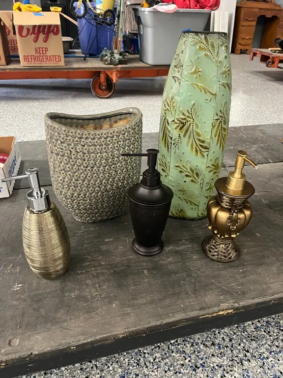 TWO VASES, THREE SOAP DISPENSERS