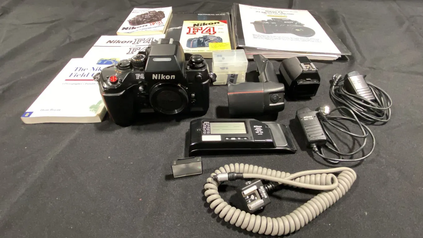 NIKON F4 35MM FILM CAMERA WITH NIKON MB-21 HIGH-CAPACITY BATTERY PACK, ACTION FINDER,