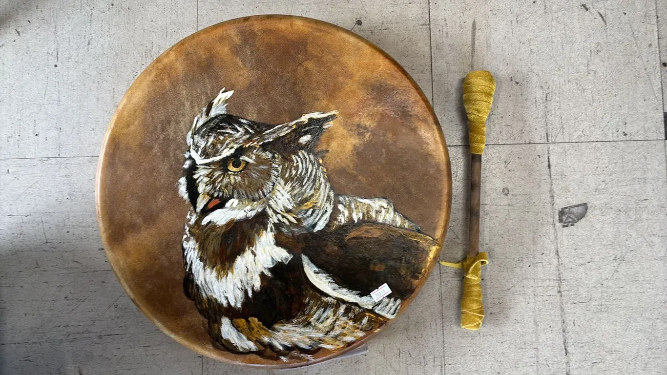 HAND PAINTED OWL ANIMAL SKIN DRUM WITH DRUMSTICK