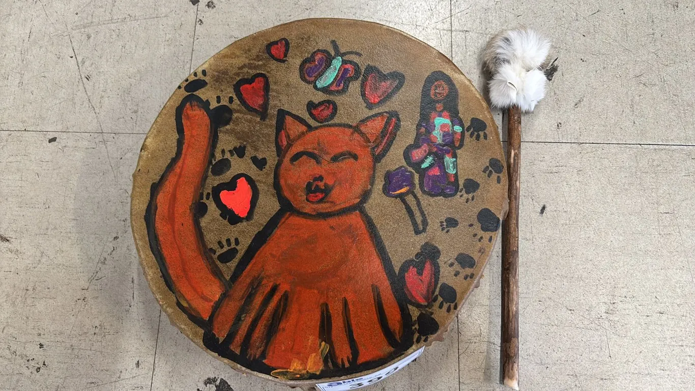 HAND PAINTED ANIMAL SKIN DRUM WITH DRUMSTICK