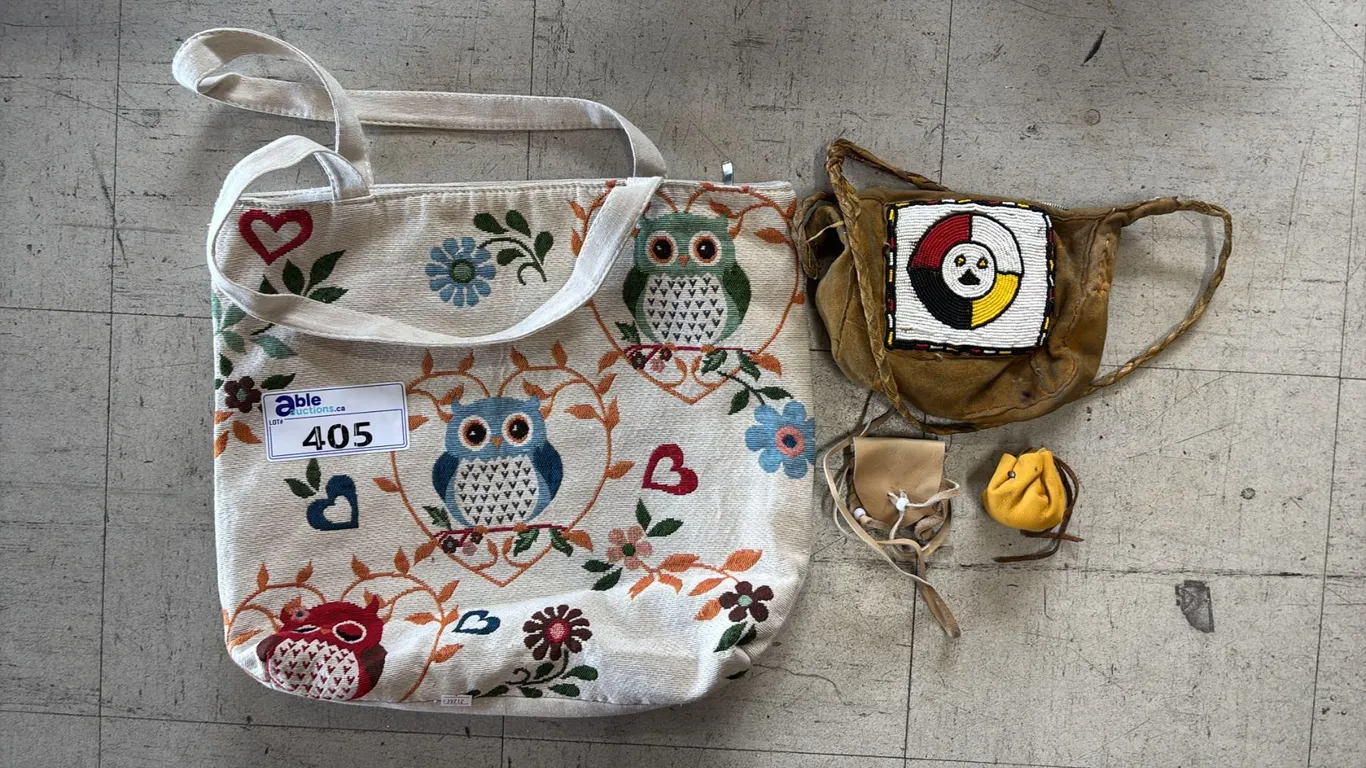 (4) ASSORTED SIZE BAGS; MEDICINE BAG, COIN BAG, HAND BAG & SHOULDER BAG