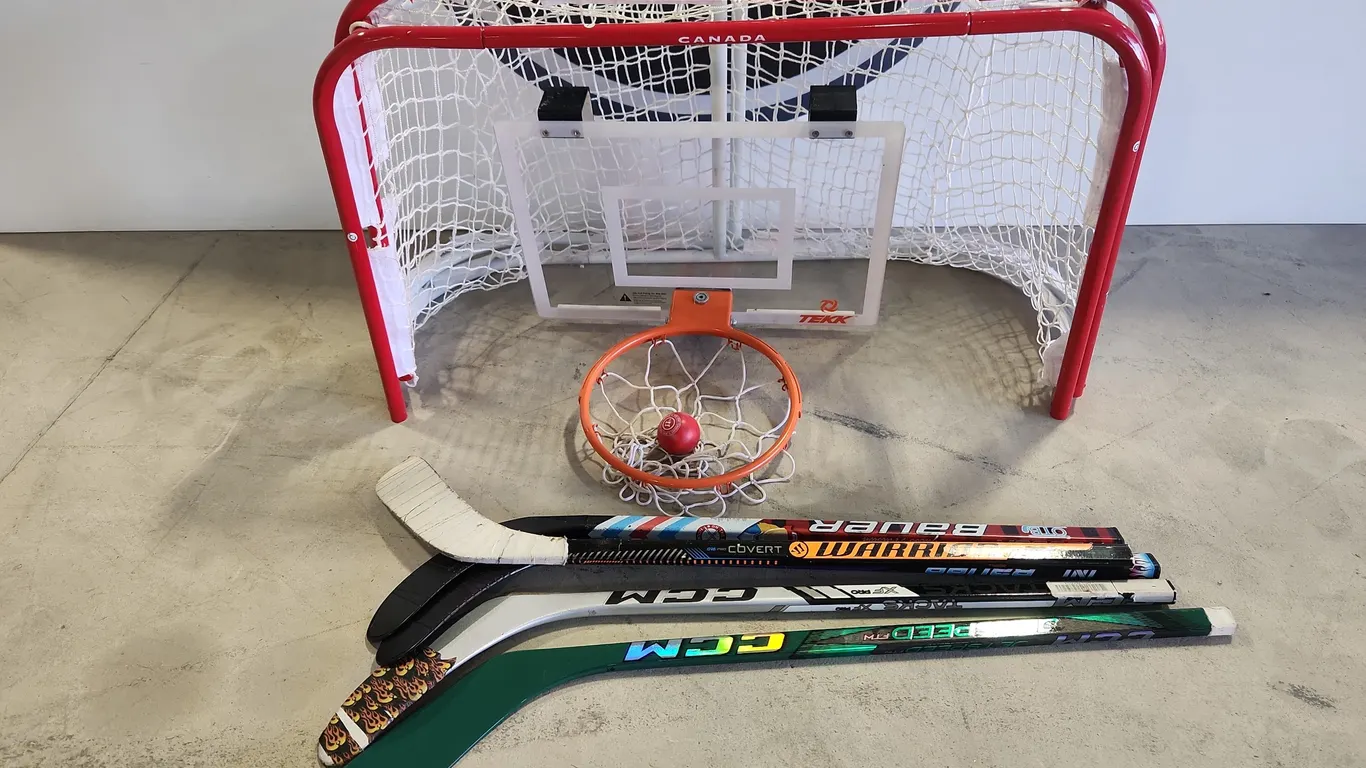 Lot of Toy Hockey/Basketball Net, Hockey Sticks