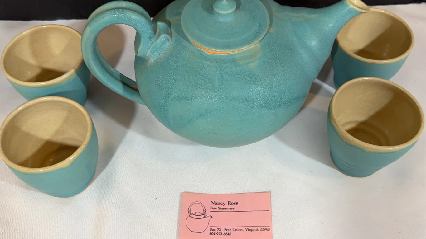 Handmade Nancy Ross Ceramic Coffee Pot & Cups