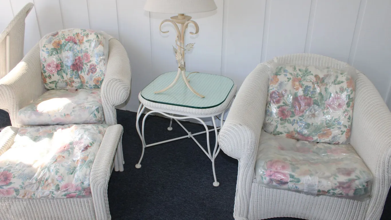 Wicker Chairs, Ottoman, Lamp & Table