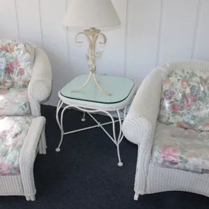 Wicker Chairs, Ottoman, Lamp & Table