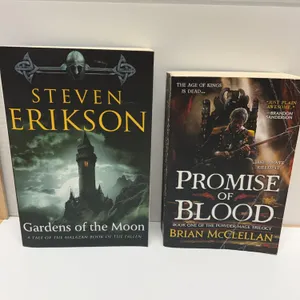 2 Modern Fantasy Paperbacks: "Gardens of the Moon" by Steven Erikson and "Promise of Blood" by Brian