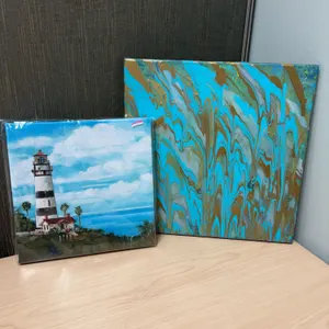 Canvas Artworks: Shore Living Lighthouse Scene and Abstract Pour Painting, Both Framed Ready to Hang